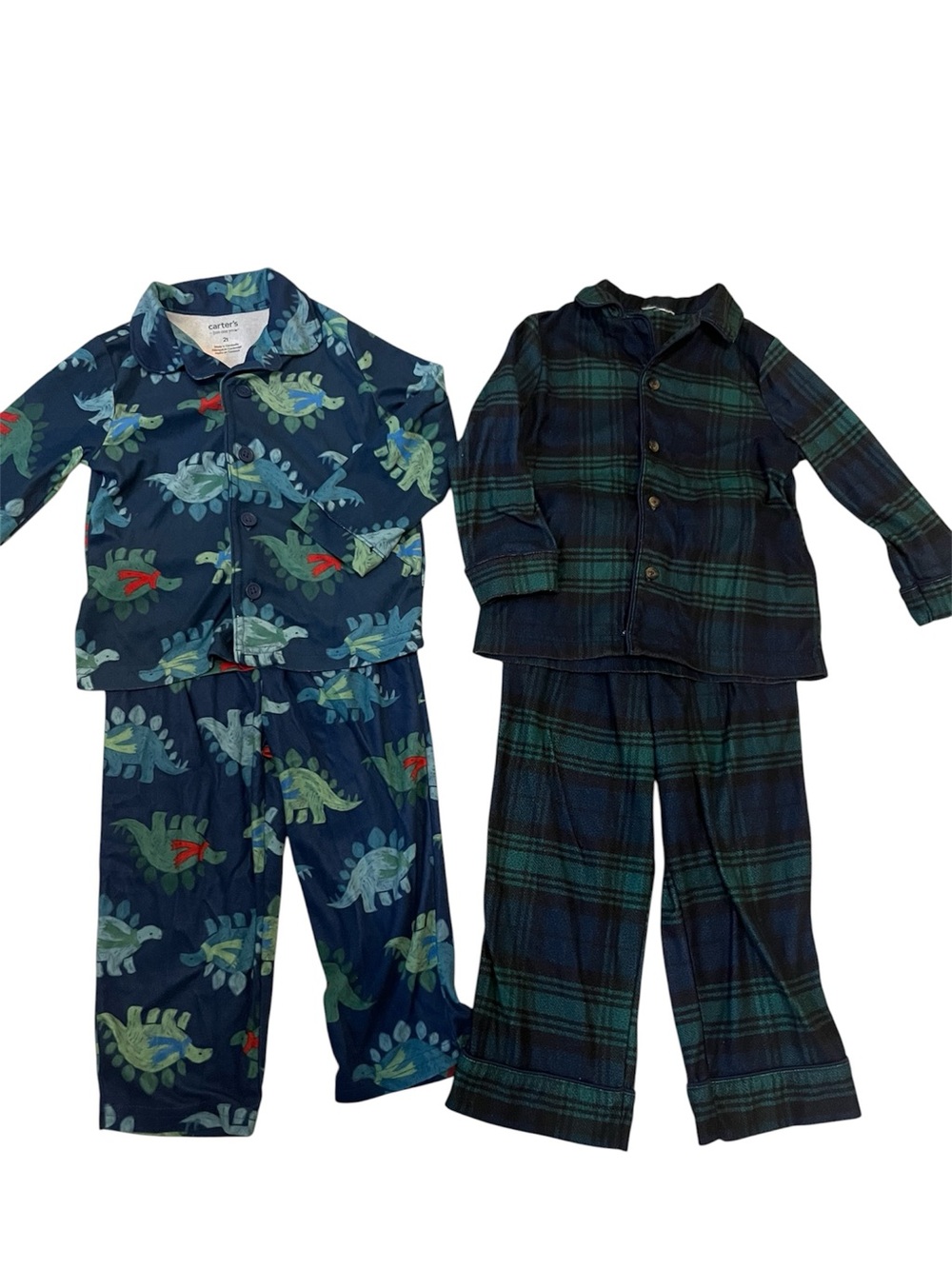 Toddler Boy’s Cozy Button Up Two-Piece Pajamas Dinosaurs Plaid